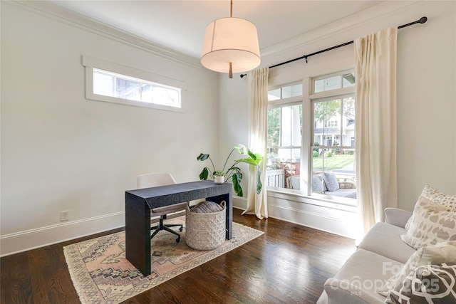 home office featuring ornamental molding, baseboards, and dark wood finished floors