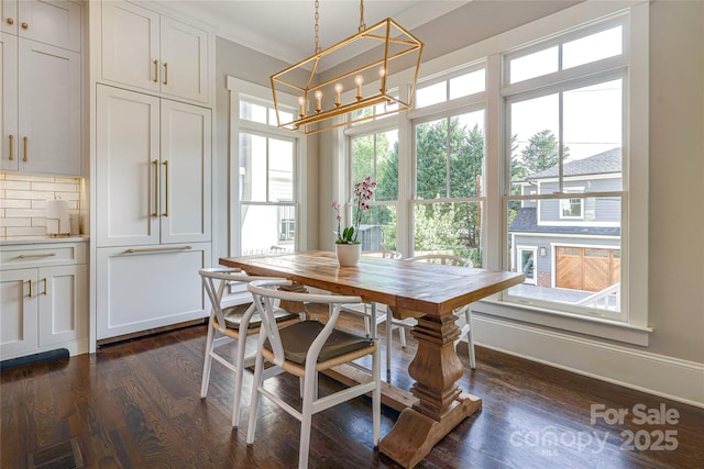 dining room with a wealth of natural light and dark wood-type flooring