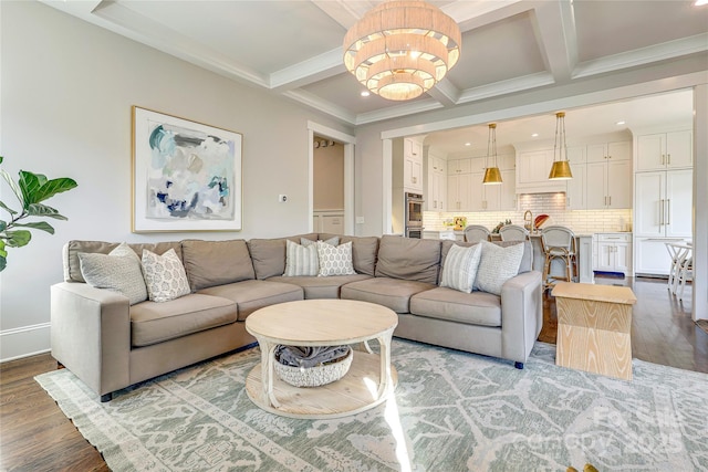 living room featuring coffered ceiling, recessed lighting, beam ceiling, and wood finished floors