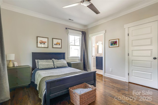 bedroom with baseboards, ornamental molding, a ceiling fan, and wood finished floors
