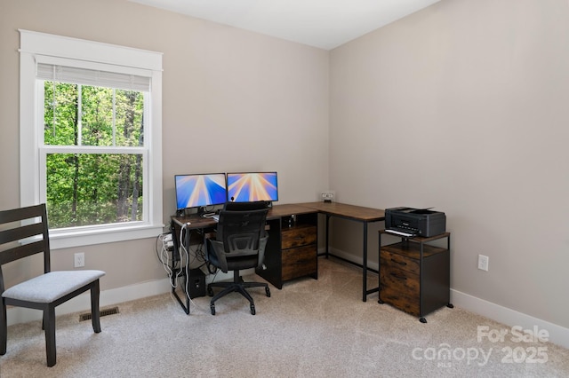 home office featuring a wealth of natural light, carpet flooring, and visible vents