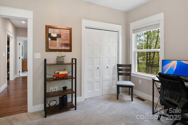 carpeted home office featuring a healthy amount of sunlight, baseboards, and visible vents