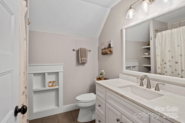 full bath featuring tile patterned flooring, vanity, toilet, curtained shower, and vaulted ceiling