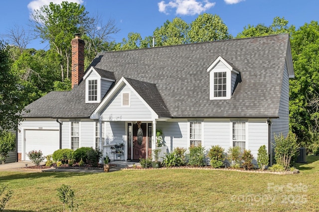 3223 Rheinwood Ct, Matthews, NC 28105 - cape cod house with an attached garage, a front lawn, a porch, and a chimney