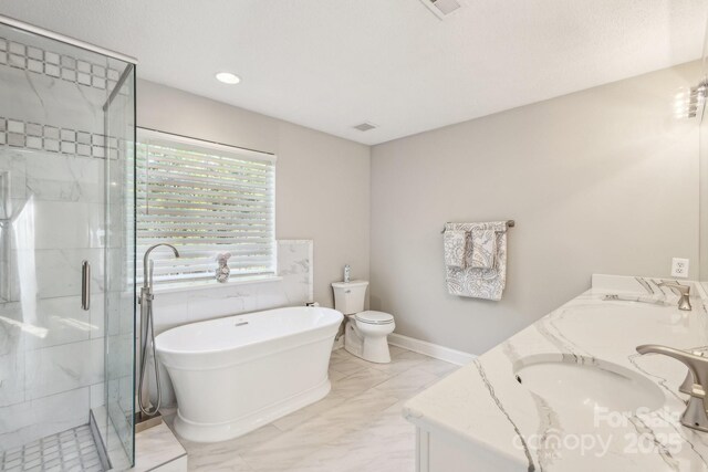 3223 Rheinwood Ct, Matthews, NC 28105 - full bathroom with a marble finish shower, a soaking tub, marble finish floors, double vanity, and toilet