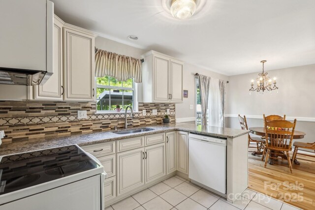 3223 Rheinwood Ct, Matthews, NC 28105 - kitchen featuring white appliances, a sink, a peninsula, decorative backsplash, and light tile patterned floors