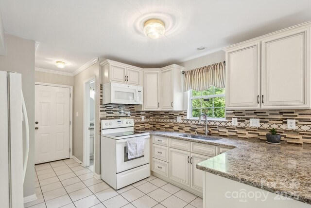 3223 Rheinwood Ct, Matthews, NC 28105 - kitchen featuring white appliances, a sink, light tile patterned flooring, decorative backsplash, and ornamental molding