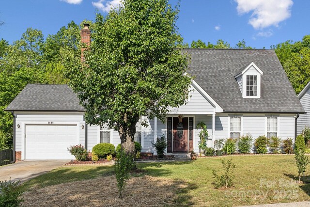 3223 Rheinwood Ct, Matthews, NC 28105 - cape cod home with concrete driveway, a front lawn, an attached garage, and a shingled roof