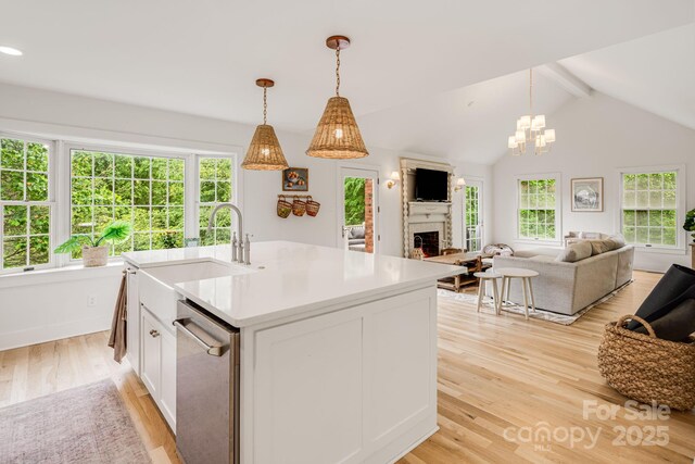 92 Rose Hill Rd, Asheville, NC 28803 - kitchen featuring stainless steel dishwasher, a sink, open floor plan, and a warm lit fireplace