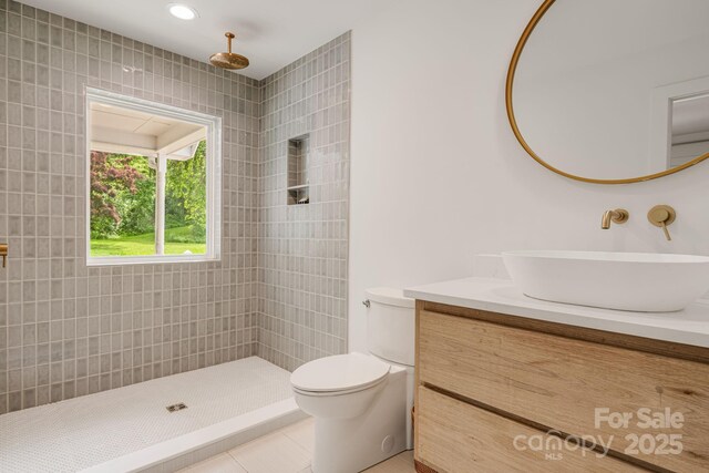 92 Rose Hill Rd, Asheville, NC 28803 - bathroom with vanity, tiled shower, toilet, and tile patterned floors
