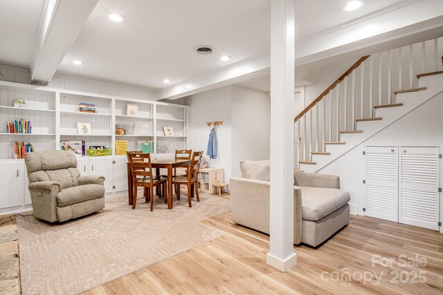 92 Rose Hill Rd, Asheville, NC 28803 - living area with wood finished floors, stairway, beam ceiling, and recessed lighting