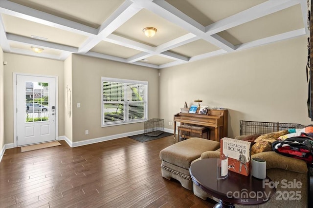 1011 Potomac Rd, Indian Trail, NC 28079 - sitting room featuring coffered ceiling, baseboards, dark wood-style floors, and beam ceiling