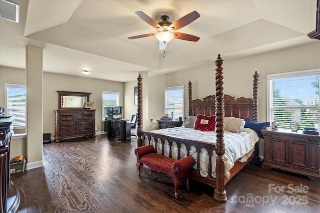 1011 Potomac Rd, Indian Trail, NC 28079 - bedroom with wood finished floors, ceiling fan, baseboards, and a tray ceiling