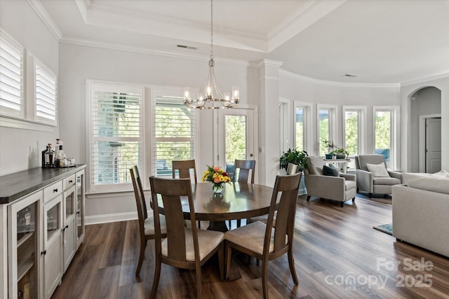 1260 Thomas Knapp Pkwy, Fort Mill, SC 29715 - dining space with crown molding, an inviting chandelier, wine cooler, dark wood-type flooring, and a raised ceiling