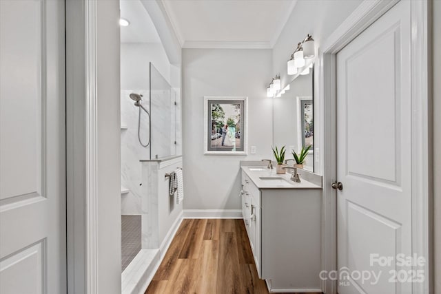 1260 Thomas Knapp Pkwy, Fort Mill, SC 29715 - full bathroom with walk in shower, crown molding, wood finished floors, and vanity