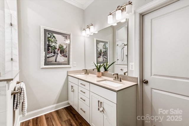 1260 Thomas Knapp Pkwy, Fort Mill, SC 29715 - full bathroom with double vanity, a sink, crown molding, and wood finished floors