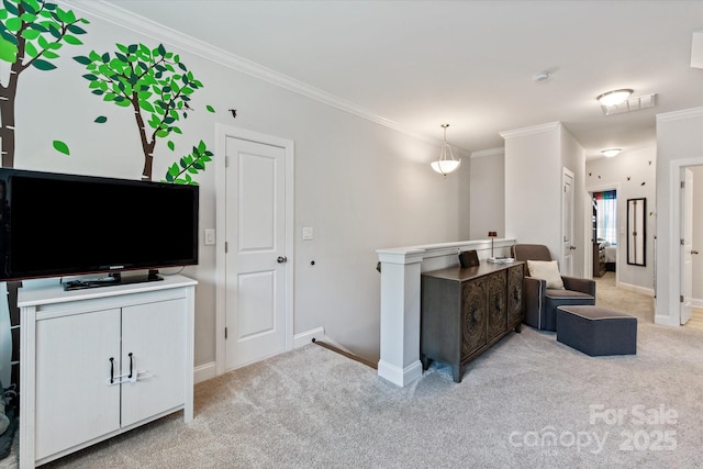 1260 Thomas Knapp Pkwy, Fort Mill, SC 29715 - living room featuring crown molding, baseboards, visible vents, and light carpet