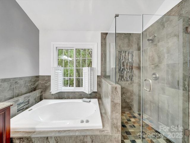 3133 English Sparrow Ln, Charlotte, NC 28210 - bathroom featuring a stall shower, vanity, and a garden tub