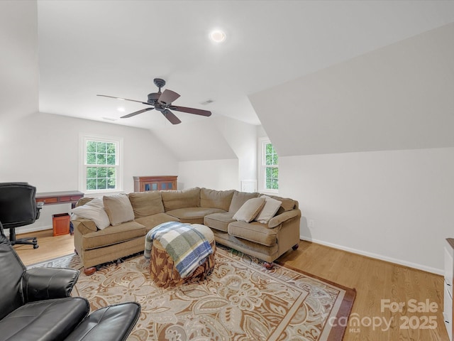 3133 English Sparrow Ln, Charlotte, NC 28210 - living area with lofted ceiling, a ceiling fan, recessed lighting, baseboards, and wood finished floors