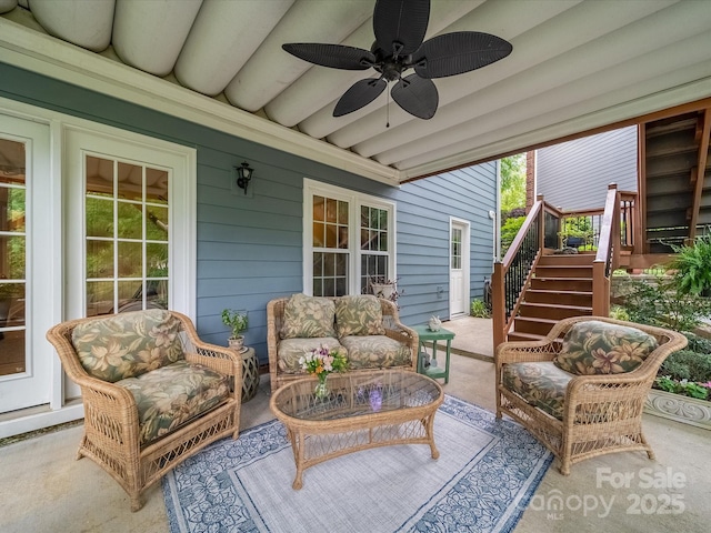 3133 English Sparrow Ln, Charlotte, NC 28210 - view of patio / terrace with an outdoor living space, stairway, and ceiling fan