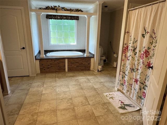 bathroom featuring a shower with curtain, a garden tub, crown molding, tile patterned floors, and toilet
