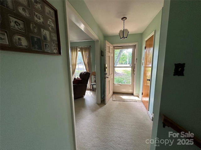doorway to outside featuring baseboards and carpet