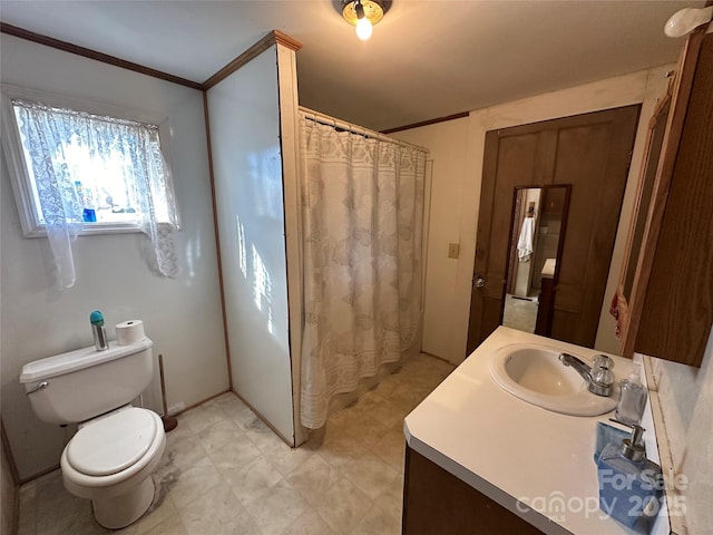 213 S Main St, Jefferson, SC 29718 - full bath with toilet, vanity, crown molding, a shower with curtain, and tile patterned floors