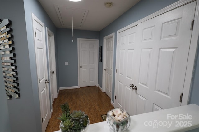 6614 Wicked Oak Ln, Charlotte, NC 28216 - hallway with attic access and dark wood-type flooring