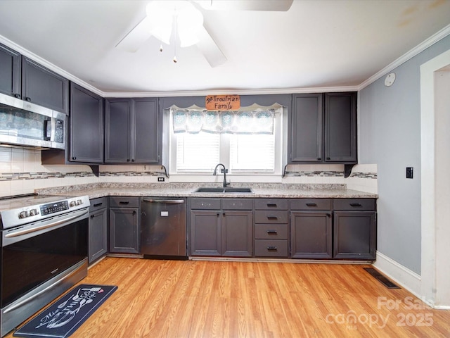 kitchen with a sink, stainless steel appliances, visible vents, backsplash, and light wood-style floors