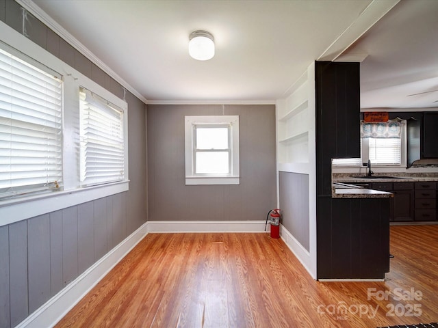 interior space with light wood-style flooring, a sink, dark countertops, baseboards, and ornamental molding