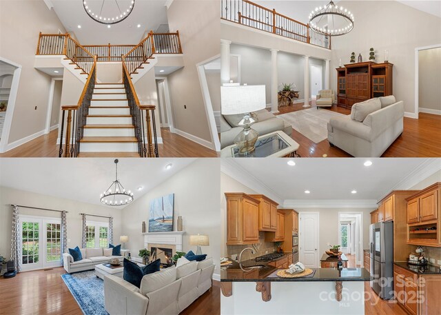 2817 Bevis Ln, Waxhaw, NC 28173 - living area with a towering ceiling, a chandelier, light wood finished floors, recessed lighting, and crown molding