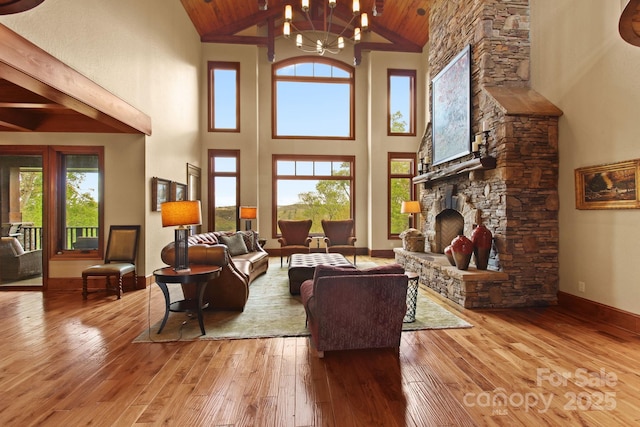 693 Thunderhill Trl, Blowing Rock, NC 28605 - living area featuring high vaulted ceiling, hardwood / wood-style floors, wooden ceiling, a chandelier, and a fireplace