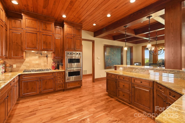693 Thunderhill Trl, Blowing Rock, NC 28605 - kitchen featuring appliances with stainless steel finishes, recessed lighting, wooden ceiling, brown cabinetry, and light wood-style flooring