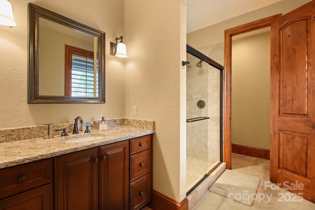 693 Thunderhill Trl, Blowing Rock, NC 28605 - bathroom featuring a shower stall, vanity, a textured wall, and tile patterned flooring