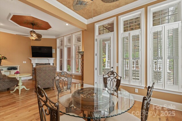 dining space with wood finished floors, plenty of natural light, crown molding, and a fireplace