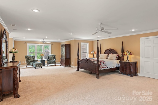 bedroom with carpet flooring, baseboards, ornamental molding, recessed lighting, and a ceiling fan