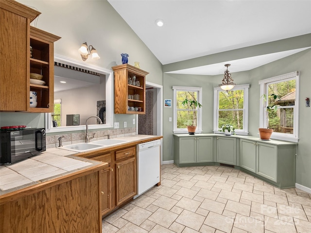 221 Holland Dr, Black Mountain, NC 28711 - kitchen with white dishwasher, a sink, open shelves, tile countertops, and black microwave