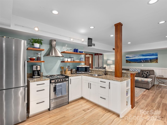 221 Holland Dr, Black Mountain, NC 28711 - kitchen featuring a sink, appliances with stainless steel finishes, exhaust hood, and open shelves
