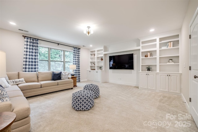 living room with light carpet, recessed lighting, and baseboards
