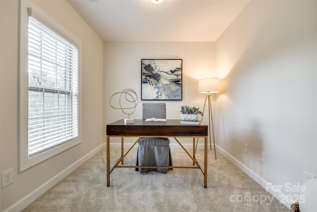 carpeted home office featuring plenty of natural light and baseboards