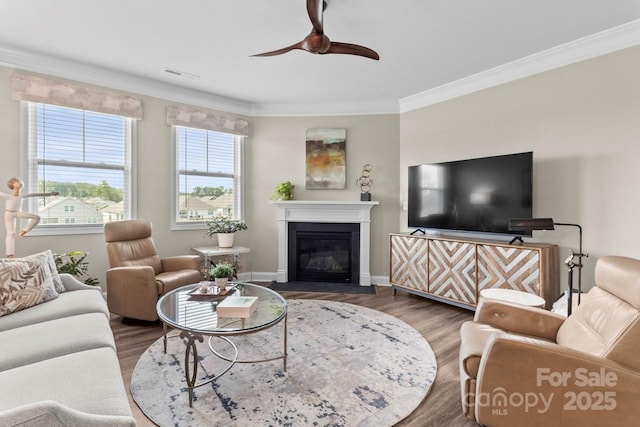 living room featuring a ceiling fan, visible vents, a fireplace with flush hearth, wood finished floors, and ornamental molding