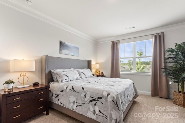 bedroom featuring baseboards, light colored carpet, ornamental molding, and visible vents