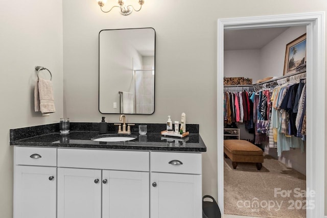 bathroom with a walk in closet and vanity