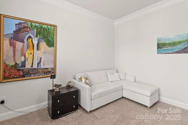 living area featuring carpet floors, ornamental molding, and baseboards
