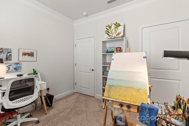 office featuring crown molding, baseboards, visible vents, and light colored carpet