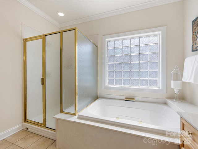 full bathroom with vanity, tile patterned flooring, a shower stall, and a bath