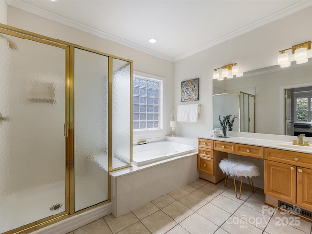 bathroom featuring a garden tub, a stall shower, vanity, tile patterned floors, and ornamental molding