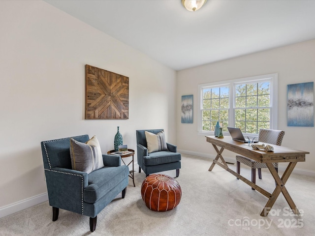office area featuring baseboards and light colored carpet