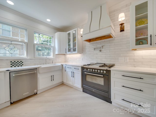 300 W Thomas St, Salisbury, NC 28144 - kitchen with stainless steel dishwasher, decorative backsplash, premium range hood, light countertops, and high end stove