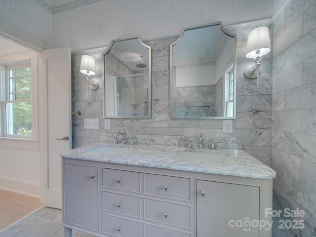 300 W Thomas St, Salisbury, NC 28144 - full bathroom with double vanity, a sink, and a walk in shower